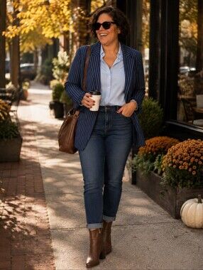 Chico's Navy and White Pinstripe Blazer with Ruffle Cuffs